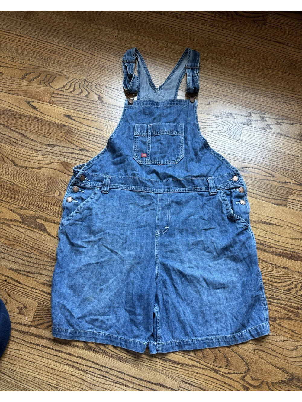 Dickies Women’s Denim Overall Short Romper, Adjustable Straps, Pockets, L